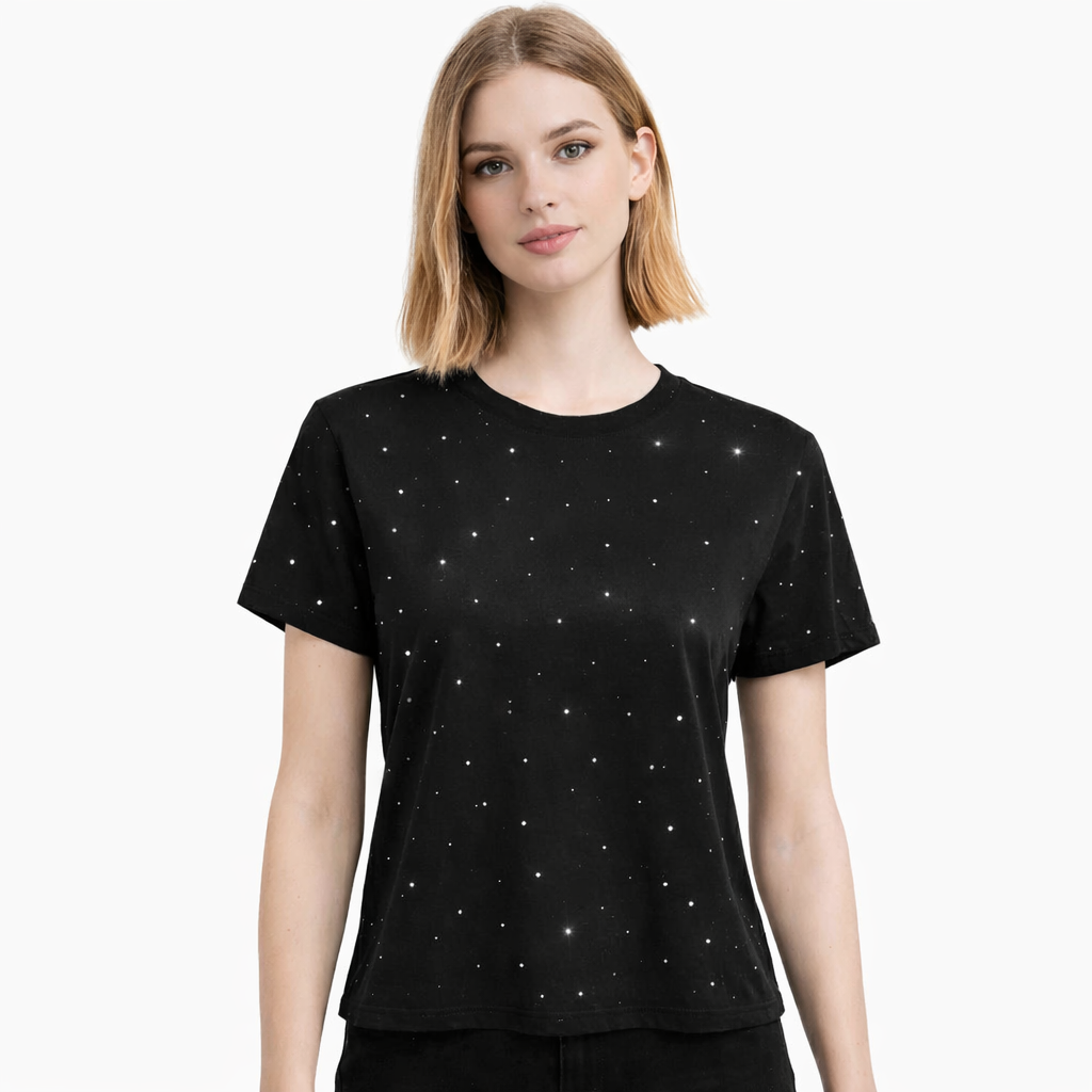 Tricou modern strălucitor cu aplicații decorative tip pietre – UNIC, negru